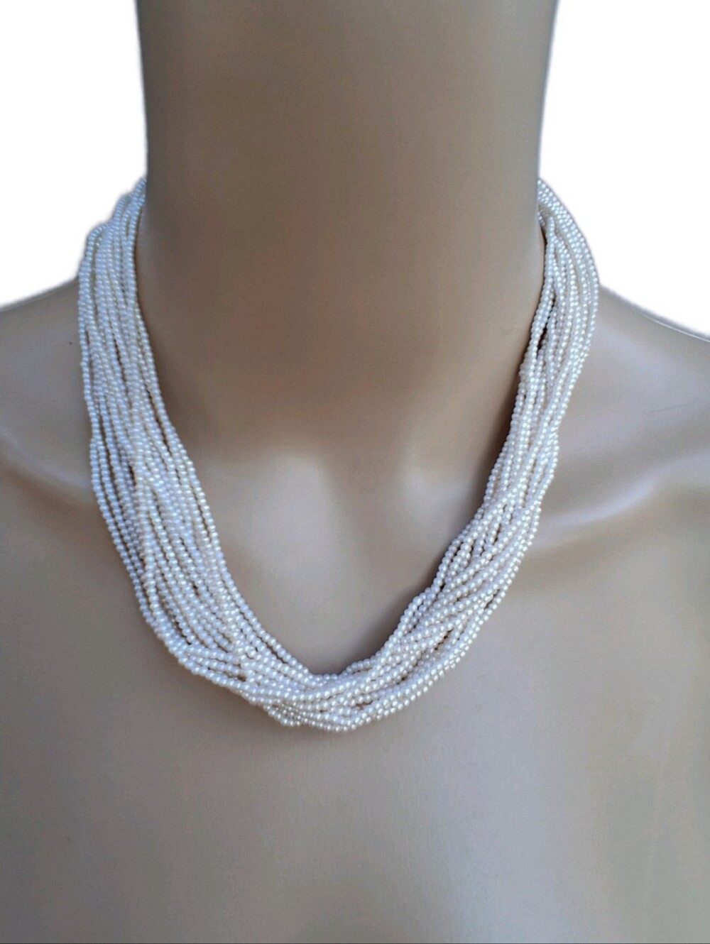 Vintage Multi Strand Faux Seed Pearl Necklace Gold Tone Toggle Clasp